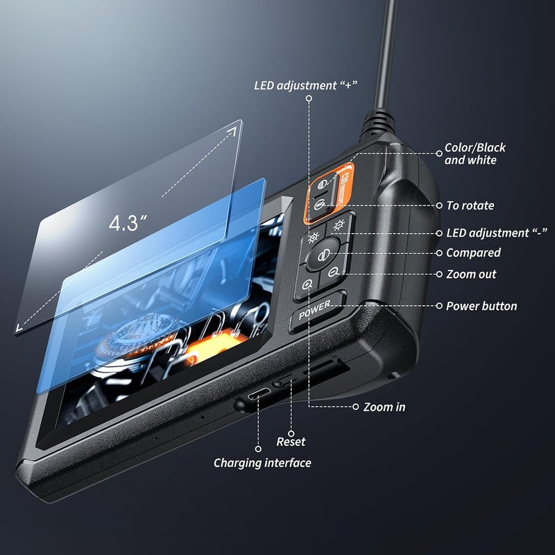 MAGEASY Endoscope Camera with Light, Inspection Borescope Camera with 4.3" IPS Screen, 1920P HD with 8 LED Lights, 32.8FT Semi-Rigid Cord Bore Scope, IP67 Waterproof Endoscope for Sewer, Dual Lens(Orange) - Image 2